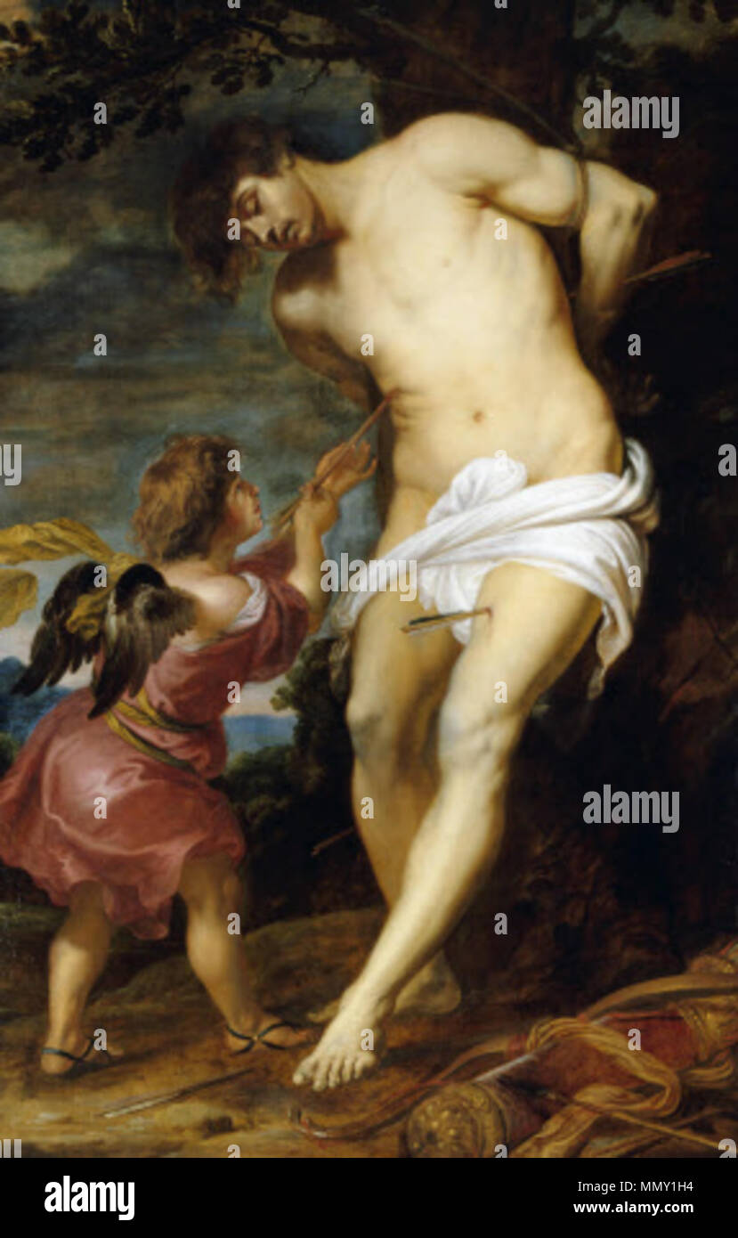 Eine englische, späten siebzehnten Jahrhundert Eiche und Acorn versilbert und schwarz lackierten Rahmen für ein Spätwerk (NT/PET/P/601) von Gerard Seghers (1591-1651) von St. Sebastian von einem Engel getröstet wird. Gerard Seghers - Saint Sebastian von einem Engel getröstet Stockfoto