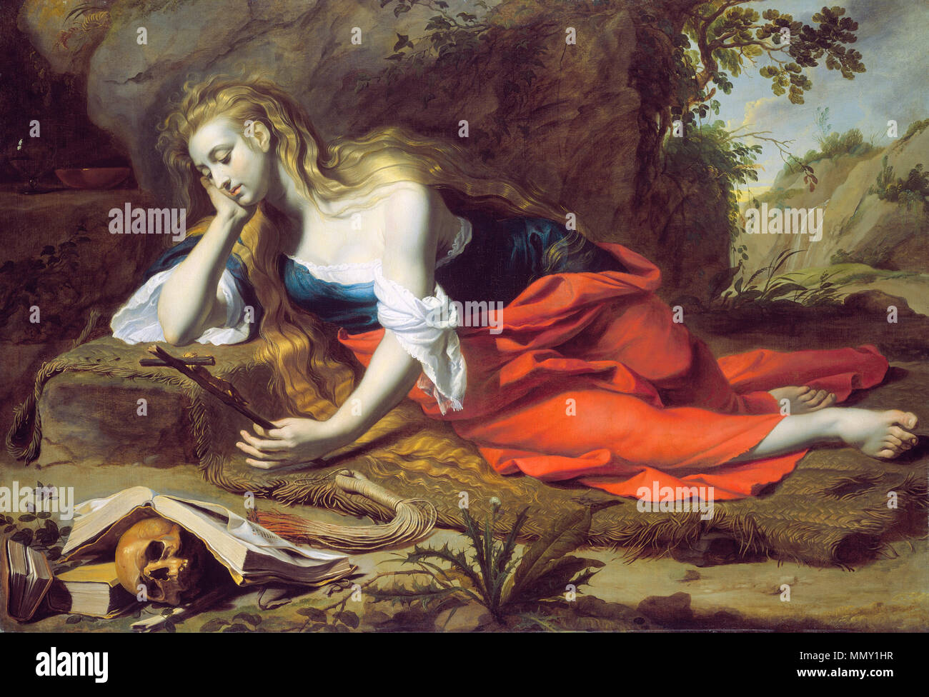 . Englisch: Der reuige Magdalena Malerei; Öl auf Leinwand; gesamt: 120,7 x 175 cm (47 1/2 x 68 7/8 in.) gerahmt: 149,9 x 204,5 x 8,3 cm (59 x 80 1/2 x 3 1/4 in.); Gerard Seghers - der bereuende Magdalena Stockfoto