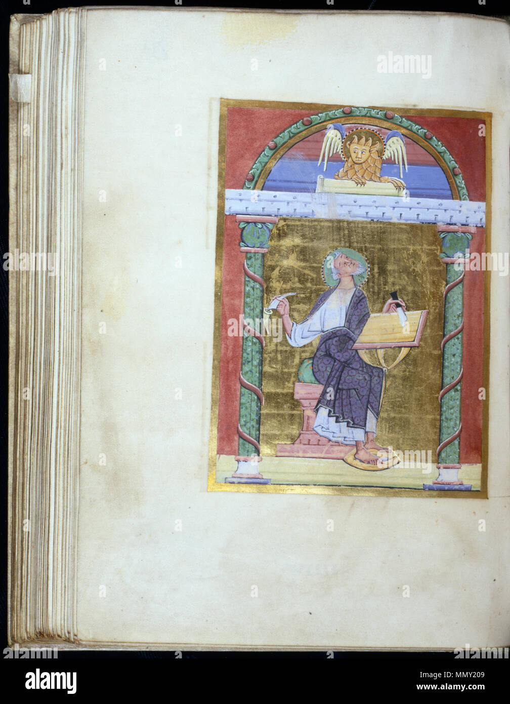 W. 7,67 V Anonym (Deutsch). "Porträt des Evangelisten Markus, "Ende des 11. Jahrhunderts. Farbe und Gold auf Pergament. Walters Art Museum (W. 7,67 V): Erworben durch Henry Walters. Deutsch - Porträt der Evangelist Markus - Walters W 767V - Öffnen Sie Rückwärts Stockfoto