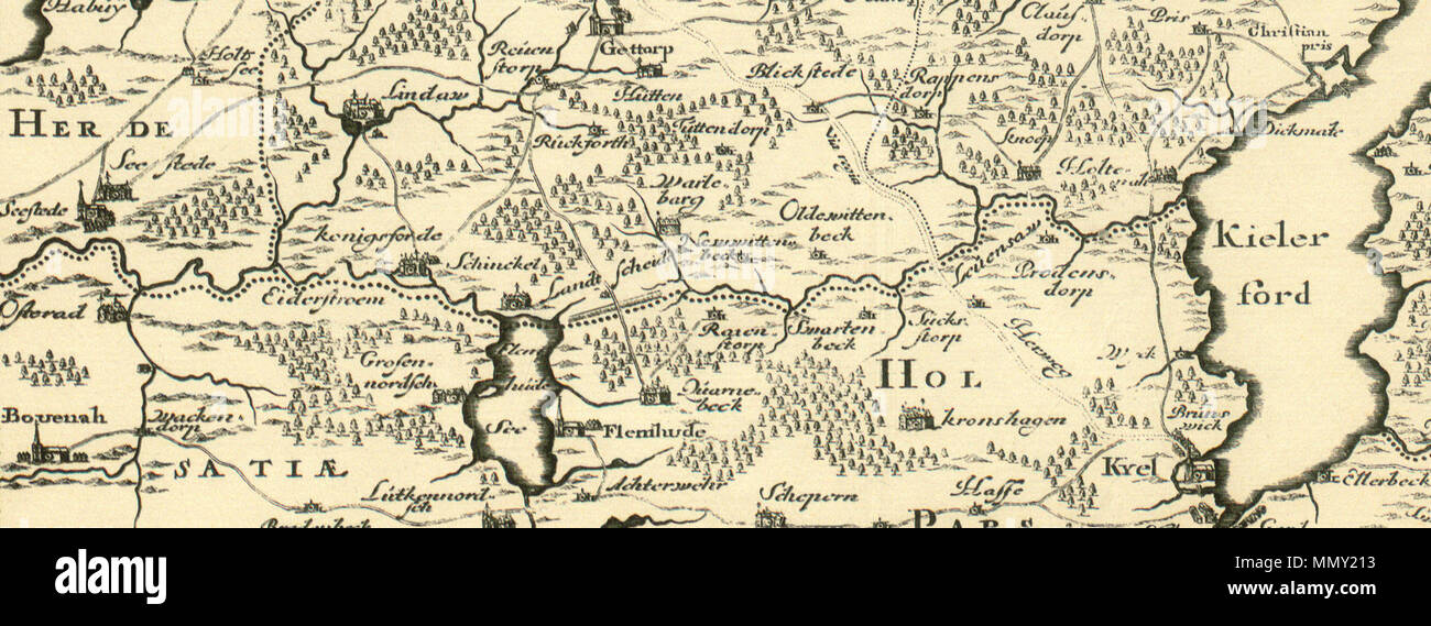 . Deutsch: Karte der' Levensau' im Bereich 'Dänischer Wohld" im Bezirk "Rendsburg-Eckernförde' in der Grafschaft Chleswig-Holstein" in North-Germany Deutschland Levensau Karte Stockfoto