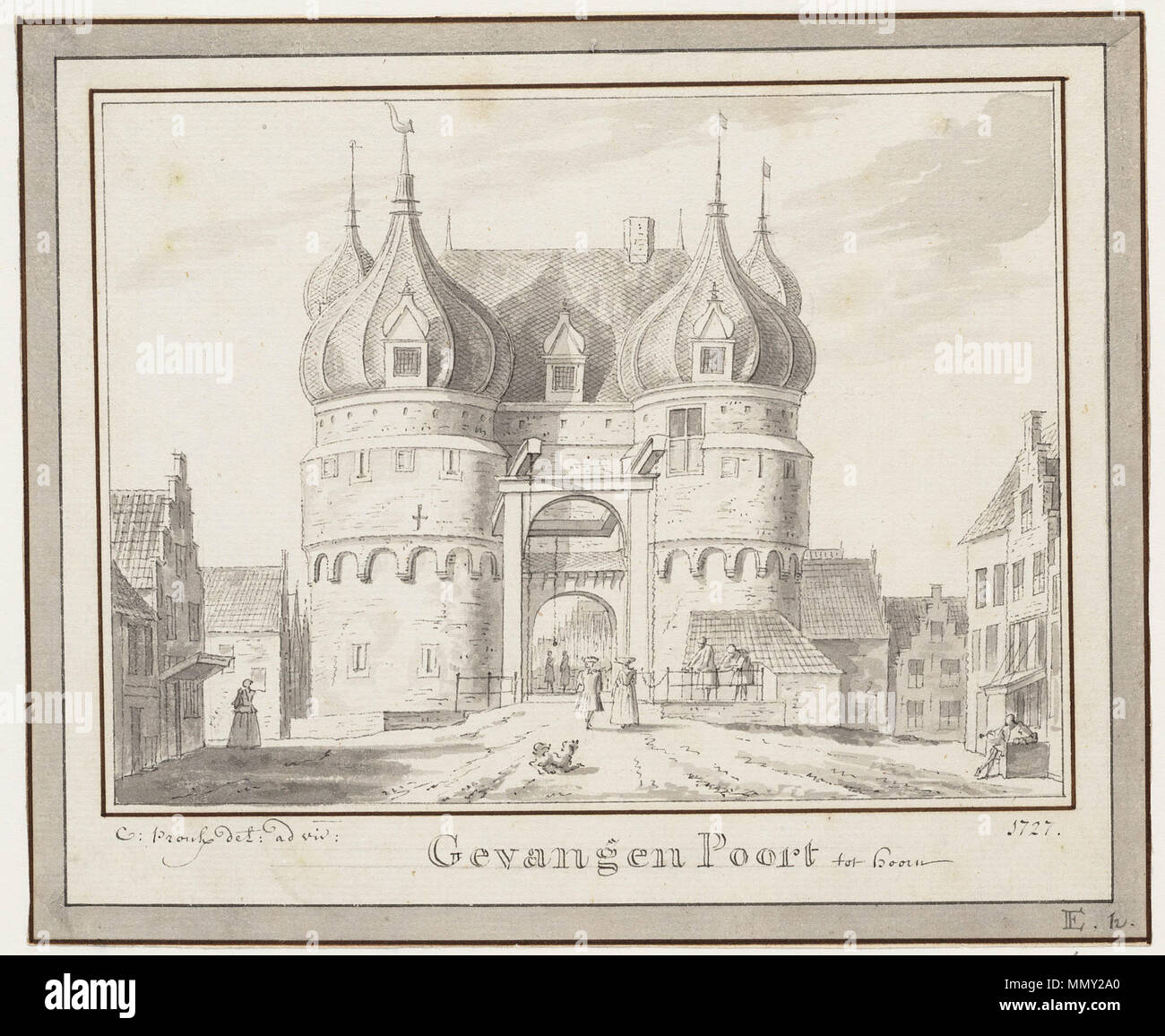 . Englisch: Gevangen Poort von Cornelis Pronk, 1727. Dies ist der alte Oosterpoort in Makkum (Holland), Gate im Jahre 1818 abgerissen wurde. Sammlung der Westfries-gasthuis Museum. Nederlands: Gevangen Poort Tür Cornelis Pronk, getekend in 1727. Het betreft De Oude Oosterpoort in Hoorn (Nordholland) gesloopt im Jahre 1818. Collectie van het Westfries-gasthuis Museum. . Jahrhundert, Foto: 2013-08-15 14:45:06. Cornelis Pronk und Jan Frederik Gardner Gevangen Poort Tür Cornelis Pronk Stockfoto
