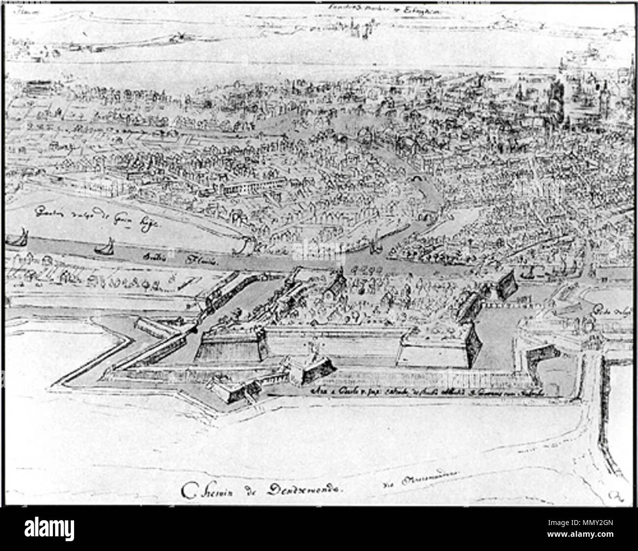 . Englisch: uit een panoramisch gezicht op Gent Detail, met het Spanjaardenkasteel op de voorgrond. Bron: SAG, Atlas Goetghebuer, lade 3/50 b-Tekening van Lieven Cruijl, 1678. 1678. Lieven Cruijl Gent, Belgien, Lieven Cruijl, 1678 Stockfoto