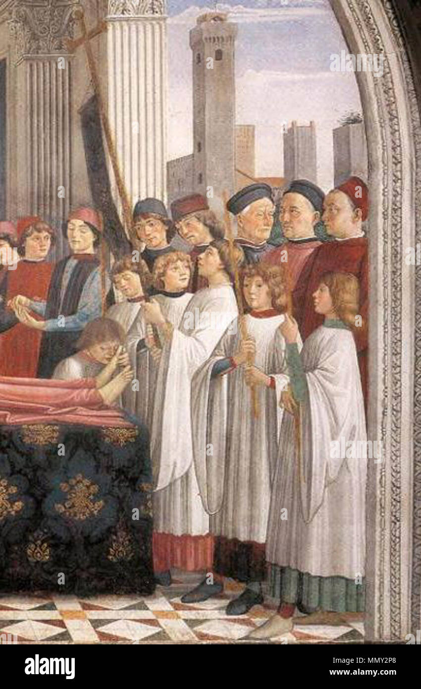 . English: Messdiener mit dem Bild "Begräbnis der Heiligen Fina" im Dom zu San Gimignano / / von Domenico Ghirlandaio (1475). 1475. Domenico Ghirlandaio (1448-1494) Alternative Namen Geburt Name: Domenico Di Tommaso Bigordi; Domenico Currado Bigordi; Domenico Ghirlandajo; Domenico Grilleandajo Beschreibung italienischer Maler Geburtsdatum / Tod 1449 11. Januar 1494 Ort der Geburt / Tod Florenz Florenz Arbeit Ort San Gimignano (1475), Rom (1475), Florenz, Rom (1477-1478), Settimo (1479), Lucca (1479), Florenz (1480), Poltawa (1480-1481), Rom (1481), San Gimignano (1482), Stockfoto