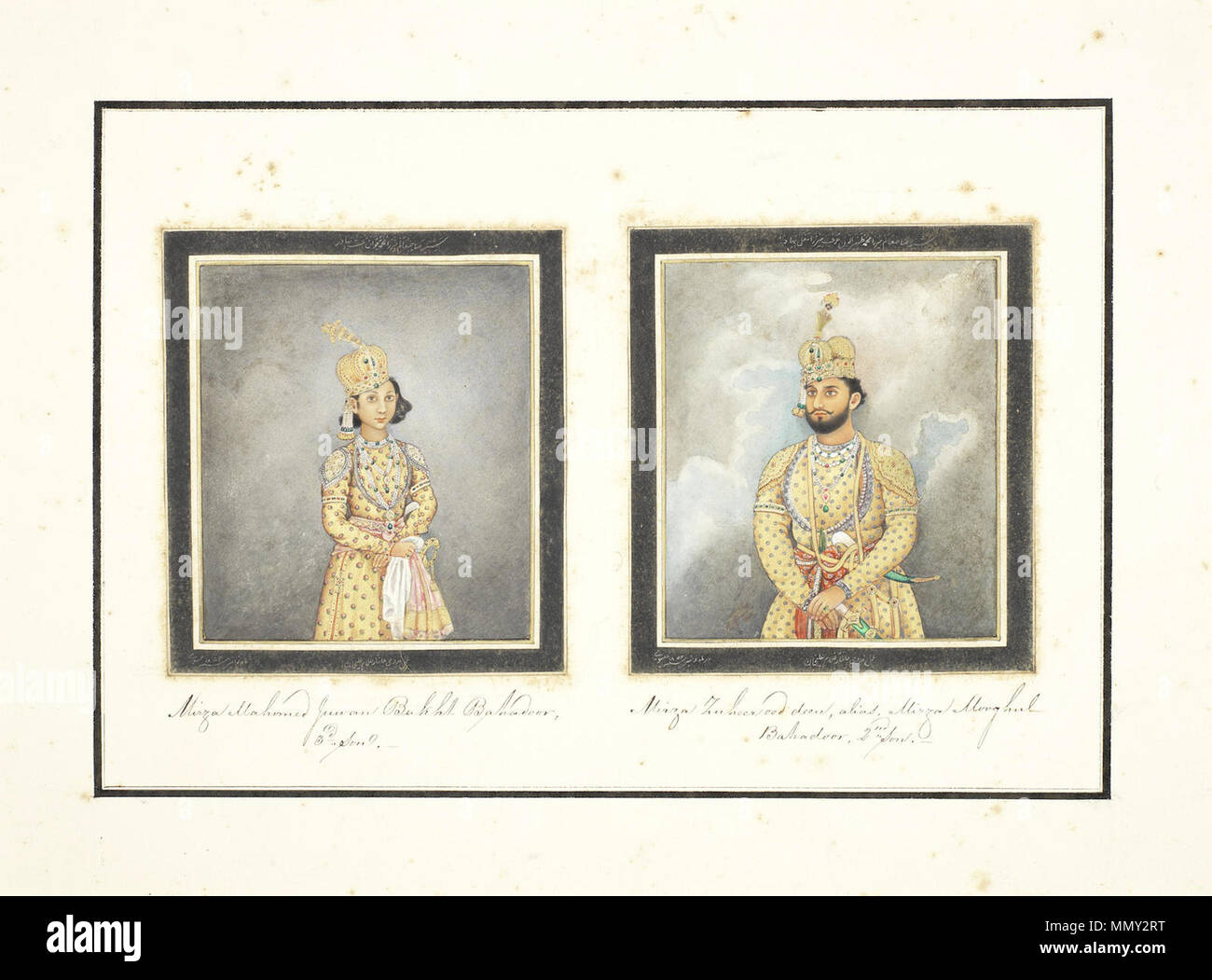 . Englisch: Zwei Porträts: Mirza Mahomed Juwan Bakht Bahadoor, 3d-Sohn, Mirza Zuheer ood Deen, alias Mirza Mooghul Bahadur, 2 Sohn. Mirza Muhammad Zahir al-Islam als Mirza Mughul Bahador [Rechts] und Mirza Muhammad Jawan Bakht Bahadur [Links] bekannt, beide signiert von Ghulam Ali Khan. Eine Reihe von 31 Gemälden von Ghulam Ali Khan (Fl. 1817-55), bestehend aus Blick auf Denkmäler in und um Delhi, und darunter vier Porträts der letzten Mughal Kaiser Bahadur Shah II (reg. 1837-58) und seine Söhne. Aquarell und Gold auf Papier, schwarzer Rand regeln, drei Titel, drei Blatt portrai Stockfoto