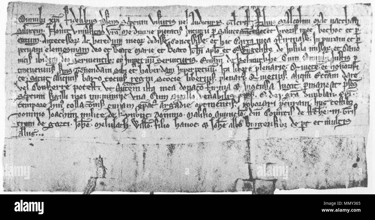 . Charta der Gilchrist MacNachtan zu Inchaffray Abtei, dating bis ungefähr 1247. . Die Charta Termine auf etwa 1247. Das Foto Termine spätestens 1967 (dem Datum, an dem das Buch veröffentlicht wurde). Unbekannt, der die ursprüngliche Charta zusammengestellt. Das Foto ist nicht ordnungsgemäß in der Highland Clans gutgeschrieben. Gilchrist MacNachtan, Zuschüsse für Inchaffray Abbey, über 1247 Stockfoto