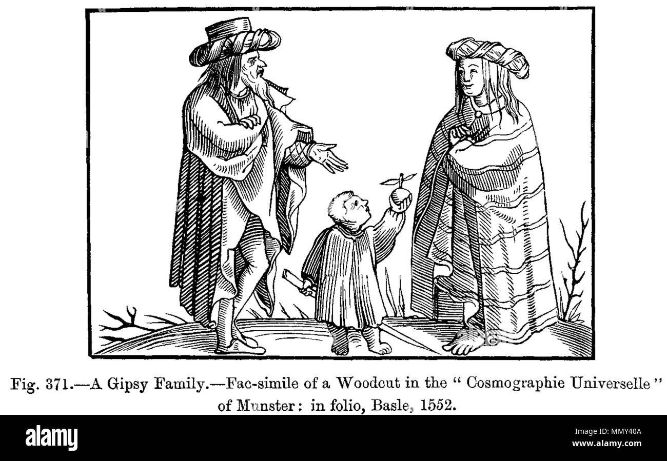 . Englisch: ein Zigeuner Familie.--FAC-simile der Holzschnitt in der "cosmographie Universelle" von Munster: in Folio, Basel, 1552. Ein Zigeuner Familie Fac simile der Holzschnitt in der cosmographie Universelle von Munster in Folio Basel 1552 Stockfoto