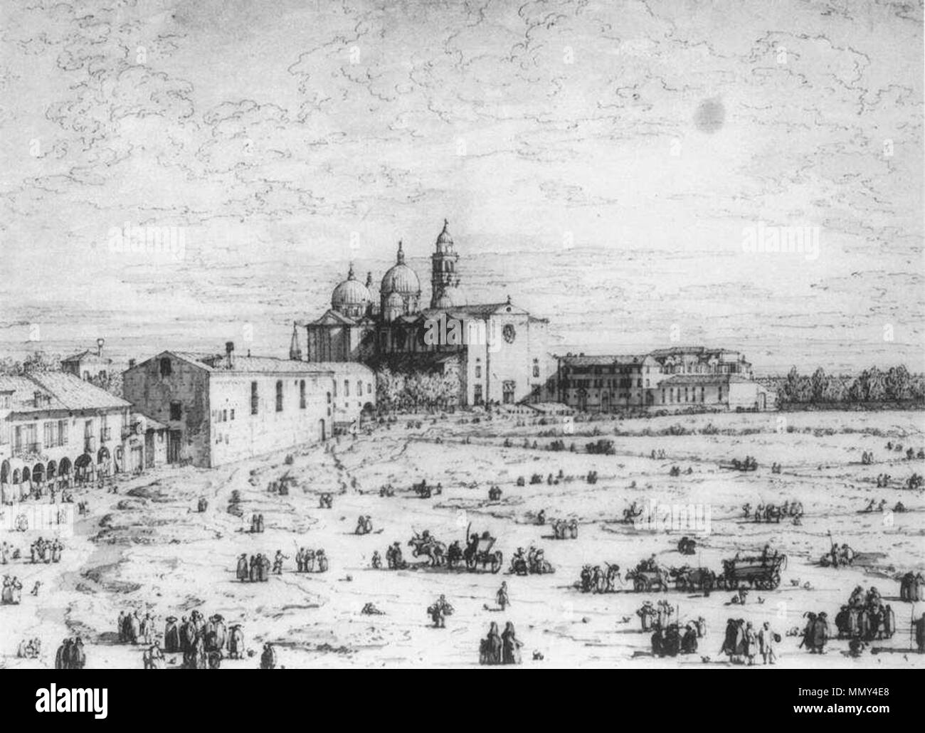 Englisch: Padua: Der Prato della Valle mit Santa Giustinia und die Kirche Misericordia (Blatt 1). ca. 1740. Giovanni Antonio Canal, il Canaletto - Padua - Prato della Valle mit Santa Giustinia und die Kirche Misericordia (Blatt 1) - WGA 03982 Stockfoto