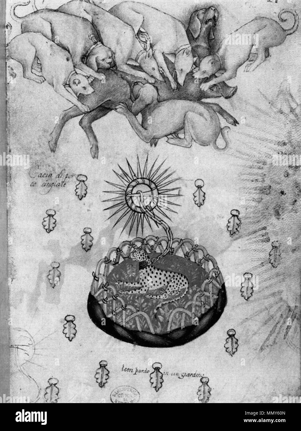 Englisch: Tierversuche von einem Notebook. 1390 s. Giovannino de Grassi, Untersuchungen an Tieren von einem Notebook, Biblioteca Civica, Bergamo Stockfoto