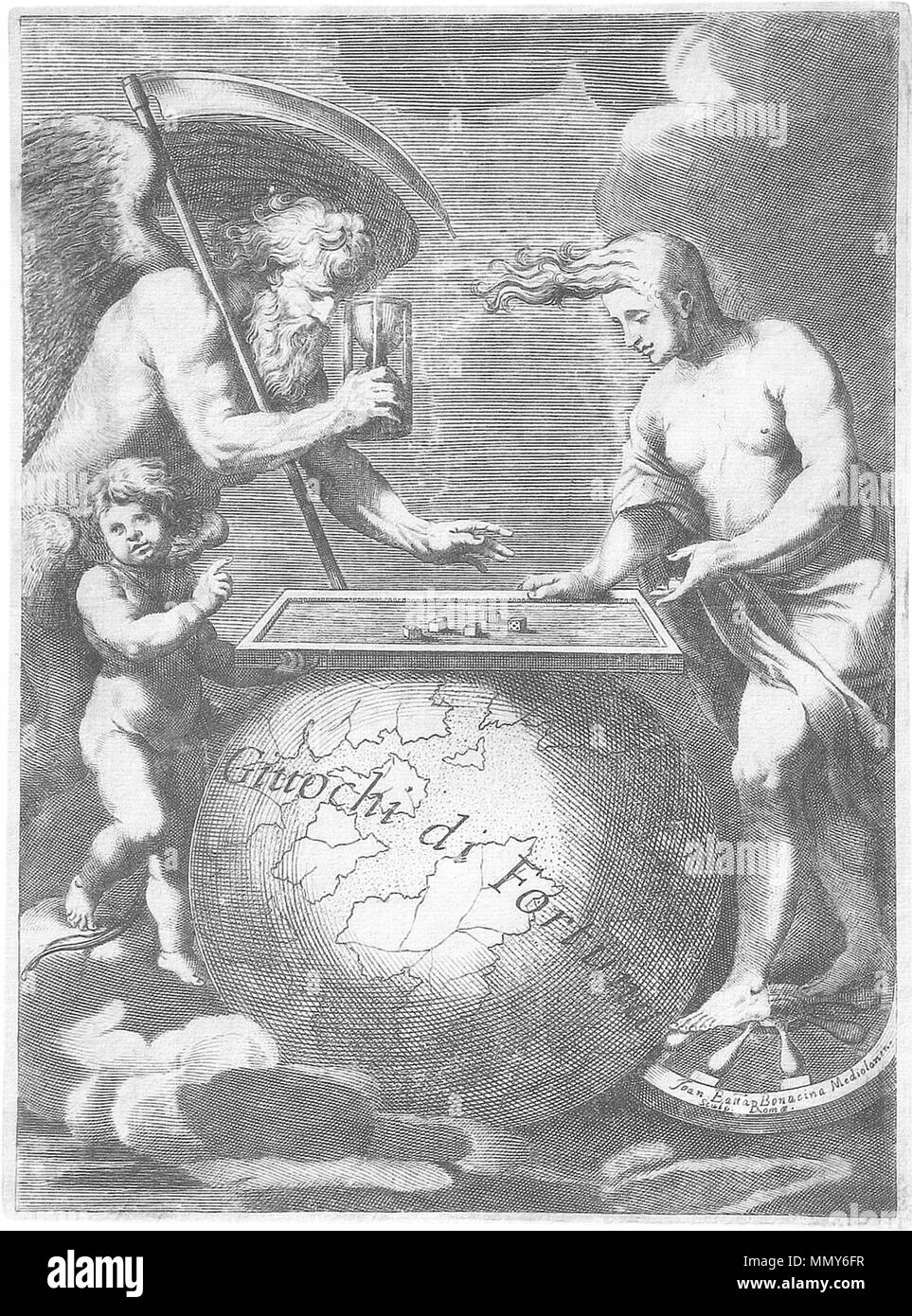 . Englisch: Giuochi di Fortuna ist eine Darstellung von Vater Zeit, eine geflügelte Reaper mit einer Sanduhr, Würfeln mit Vermögen, die auf ihrem Rad steht. Eine geflügelte Amor, Bug zu seinen Füßen und Fortune Balance ein Spiel auf der Welt. Amor Gesten gegenüber der Sanduhr, die darauf hinweist, dass die Zeit wird letztendlich gewinnen. . Zwischen 1631 und 1659. Giovanni Battista Bonacina Giuochi-di-fortuna-Amor-fortuna-Reaper - bonacina -17. Stockfoto