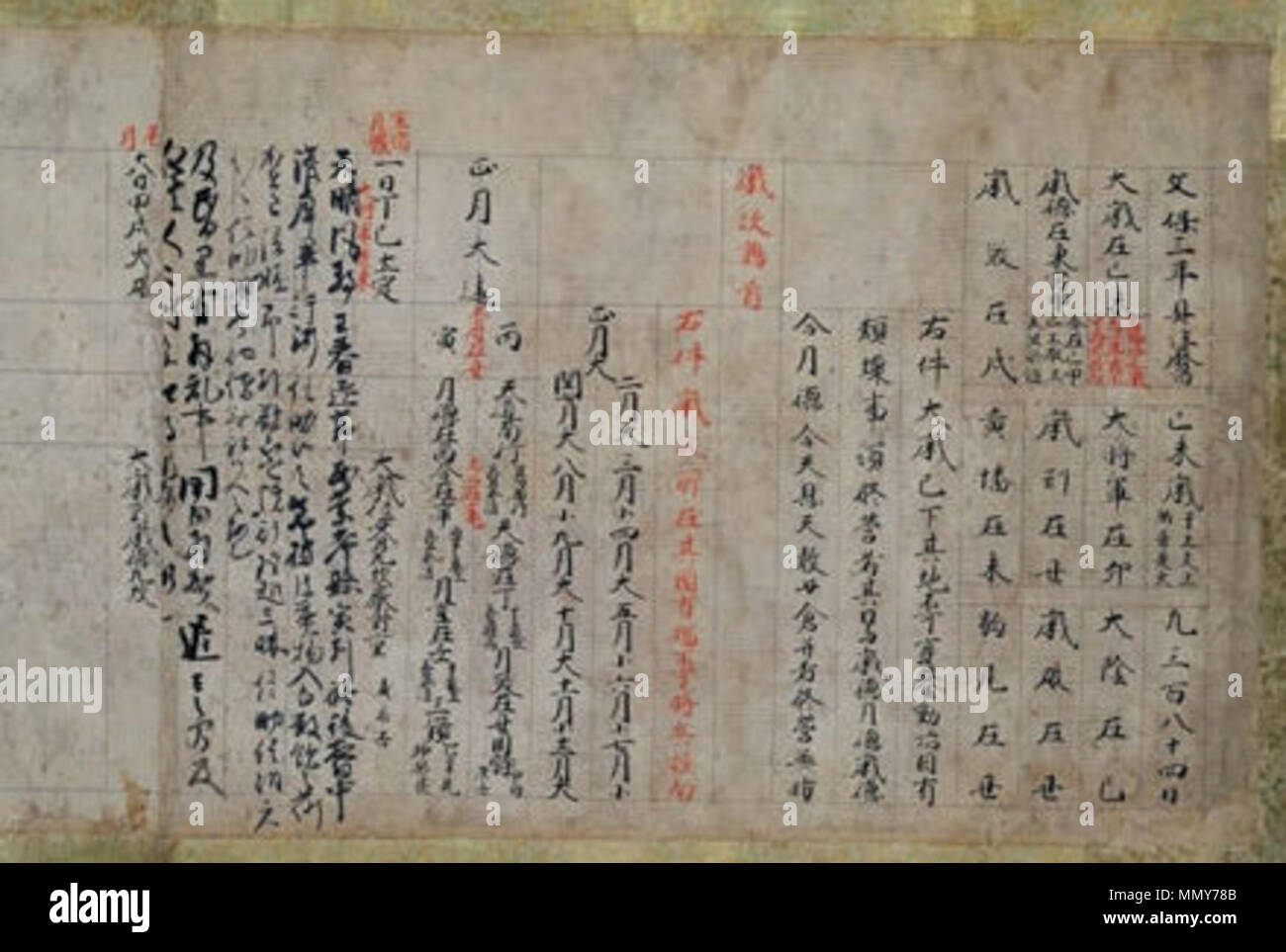 . Englisch: Go-Uda in shinki (後宇多院宸記). Chronik in der guchūreki (具注暦) Almanach in der eigenen Handschrift des Kaisers. Im Nationalmuseum der japanischen Geschichte, Sakura, Chiba, Japan. Das Buch wurde als nationaler Schatz von Japan in der Kategorie alte Dokumente bezeichnet. . 1319. Kaiser Go-Uda Go-Uda in shinki Stockfoto