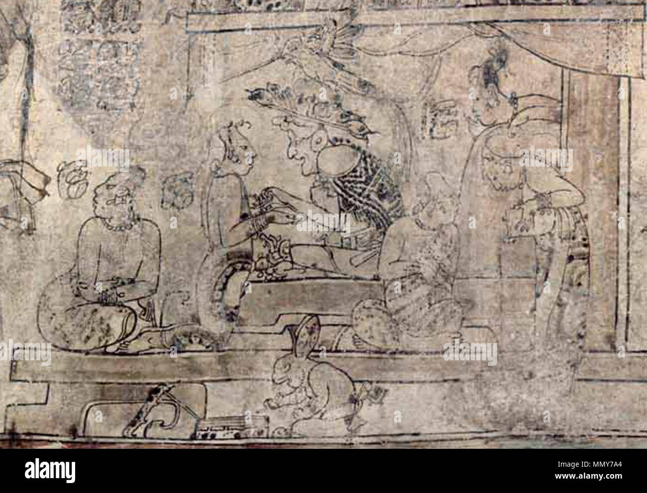 . Englisch: Gott L mit Wohnsitz in seinem Palast und von jungen Frauen umgeben (Hero Zwillinge nicht Teil dieses Detail) Katalog Eintrag: Die meisterliche kalligraphischen Gemälde an der Princeton Vase ist das beste Beispiel für Maya codex Stil "Ceramic Art anmutig, dass Linien auf eine Creme slip malte eine theatralisch setzt sich mythologische Szene vorhanden, während die subtilen visuellen Geräten der Zuschauer das Trinkgefäß zu ermutigen, eine zeitliche Entfaltung hinzufügen, um die visuelle Erfahrung. Auf der einen Seite (hier im Bild), eine alte, zahnlose Unterwelt Gott sitzt auf einem Thron, die innerhalb eines konventionalisierte Darstellung gelegt wird Stockfoto