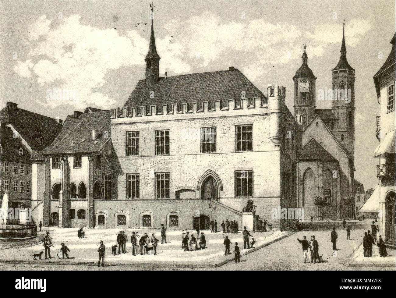 . English: Altes Rathaus der Stadt Göttingen, Ansicht der Vorderfront mit Marktplatz und Marktbrunnen (ganz links). Hinten rechts sterben Johanniskirche der Veränderung des Chores 1895 - 97 durch C. W. Hase. Nach 1872. Robert Geißler (1819-1893) Göttingen Altes Rathaus 01. Stockfoto