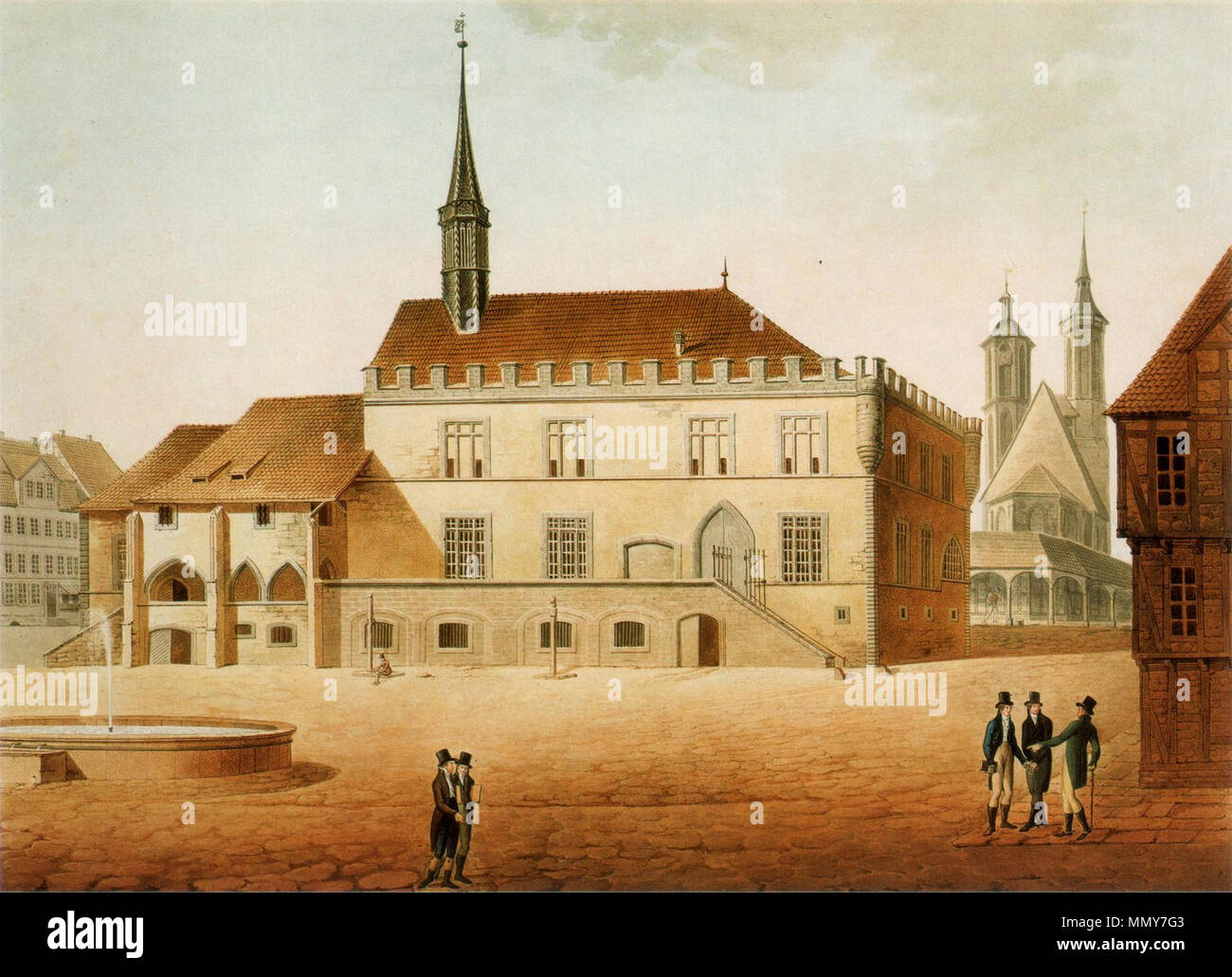 . English: Altes Rathaus der Stadt Göttingen, Ansicht der Vorderfront mit Marktplatz und Marktbrunnen (ganz links). Hinten rechts sterben Johanniskirche der Veränderung des Chores 1895 - 97 durch C. W. Hase, davor der Arkadengang des Fleischscharrens. Vor 1800. 1805. Johann Christian Eberlein (1778 - 1814) Göttingen Altes Rathaus 02. Stockfoto