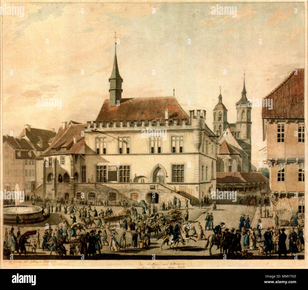 . English: Altes Rathaus der Stadt Göttingen, Ansicht der Vorderfront mit Marktplatz und Marktbrunnen (ganz links). Hinten rechts sterben Johanniskirche der Veränderung des Chores 1895 - 97 durch C. W. Hase, davor der Arkadengang des Fleischscharrens. Aquarellierte Federzeichnung. Oktober 1824. Ludwig Emil Grimm (1790 - 1863) Alternative Namen Ludwig Emil Grimm; l. e. Grimm; Ludwig Grimm Beschreibung deutscher Maler, Zeichner, Grafiker und Illustrator Datum der Geburt / Tod 14. März 1790 4. April 1863 Ort der Geburt / Todes Hanau Kassel Arbeiten Zeitraum ca. 1805-1860 Arbeitsort Kass Stockfoto