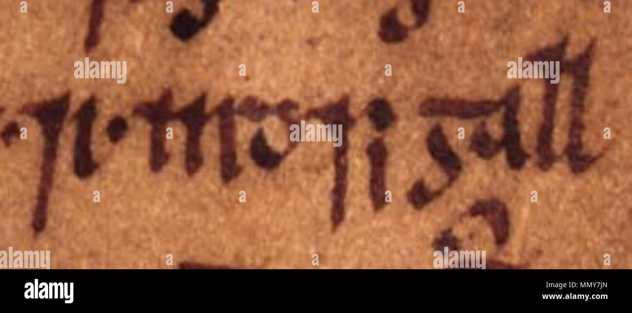 . Englisch: Ein Auszug aus Folio 15r von Oxford Bodleian Library MS Rawlinson B 488 (Geschichte der Tigernach). Der Auszug bezieht sich auf Mac Gofraid Arailt, König der Inseln (gestorben 989), und lautet: "Rí Indsi Gall. . Zwischen dem 14. und 17. Jahrhundert. Unbekannte Gofraid mac Arailt (Oxford Bodleian Library MS Rawlinson B 488, Folio 15r) 2 Stockfoto