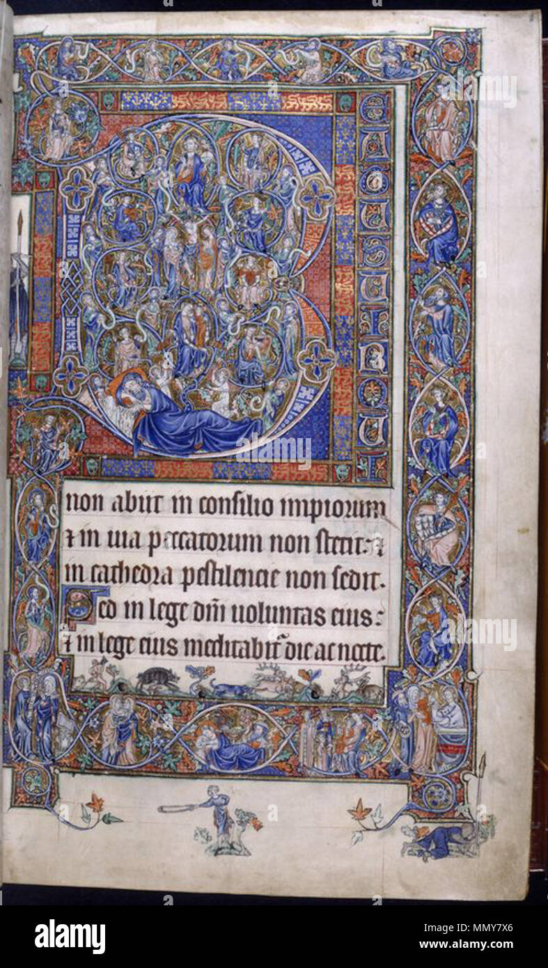 . Englisch: Gorleston Psalter (British Library Ms. 49622 Hinzufügen). Von der BL Website: 'f. 8r: Historisierte Initiale 'B' (eatus) der Wurzel Jesse, mit rn Szenen einer Jagd und David und Goliath' BEATUS VIR QUI non abiit in Consilio impiorum & in der Via peccatorum non stetit & in Cathedra sedit pestilentie nicht. Sed in lege voluntas Domini eius & in lege eius meditabitur Sterben ac Nocte. . 1310 s. unbekannter Autor Gorleston 3 Stockfoto