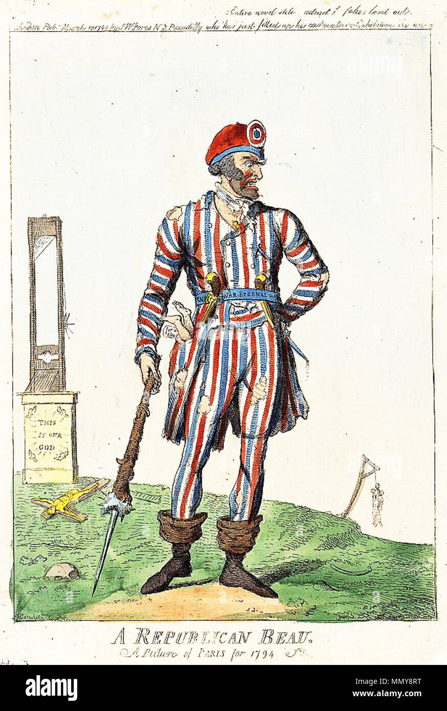. Deutsch: "Ein Republikaner Galan. Ein Bild von Paris für 1794." Handcolorierte Radierung von Isaac Cruikshank (1756-1811). LOC Beschreibung: 'Print zeigt einen Mann, einen sans-culottes, in zerfetzten roten, weißen und blauen Streifen Bekleidung, er ein pfennigabsatz Club in der einen Hand hält, trägt Pistolen in seinem Gürtel, auf dem 'Krieg ewige Krieg' geschrieben wird und er hat ein totes Kind in eine Tasche. In der Nähe der Hintergrund ist eine Guillotine Austausch das Kruzifix, das auf dem Boden liegt, auf einem Altar mit der Aufschrift "Das ist unser Gott' und in der Ferne mehrere Stellen hängen von einem Galgen." obere Bildunterschrift: "London: Pub von S.W. Fores, N. 3 Pi Stockfoto