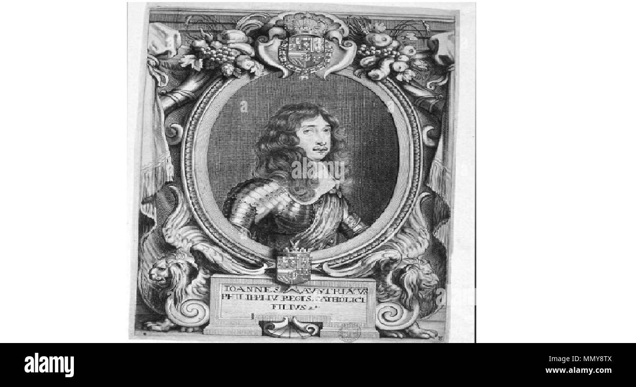 . Englisch: Grabado de Juan José de Austria en Pazifi catares OrLis cEristiani sive icones Principum, et Ducum Legatorum qui Monasterii atque Qsuabrague paceʾ. Europae reconciliatunt Ouosque singarlos ad nativaʾ. imagin em expressit A. van Halle. celsissimi Princitis Auriaci daʾ. viveret Pictor, Optimoram artificum dexteritate tabulis CXXXI aeneis Inci Sae... Rotterodami Typis Petri van der Sluart Bibliopolae ad insigne Cice ronis. M. DCXCVII. . 1647. Peter de Diode Grabadojuanjosedeaustria 1. Stockfoto