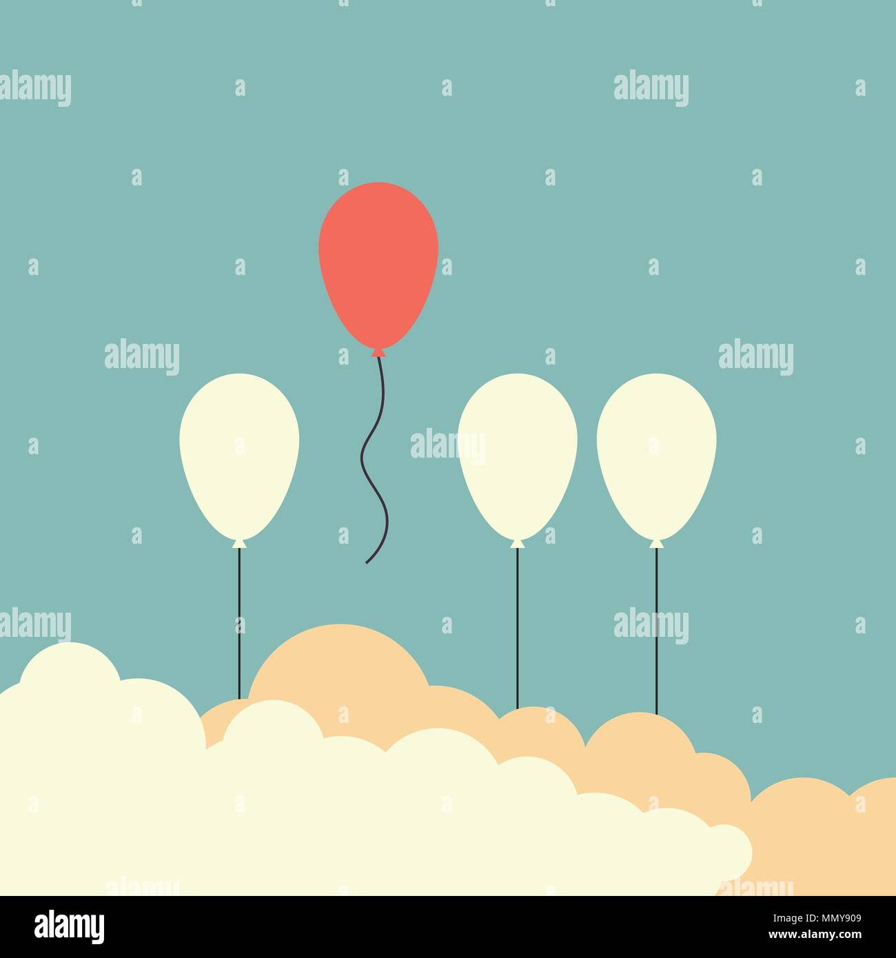 Minimalistische Retro Stil. Heben Sie sich von der Masse ab und anderes Konzept, eine rote Ballon fliegen weg von anderen weißen Luftballons. Vector Illustration Stock Vektor