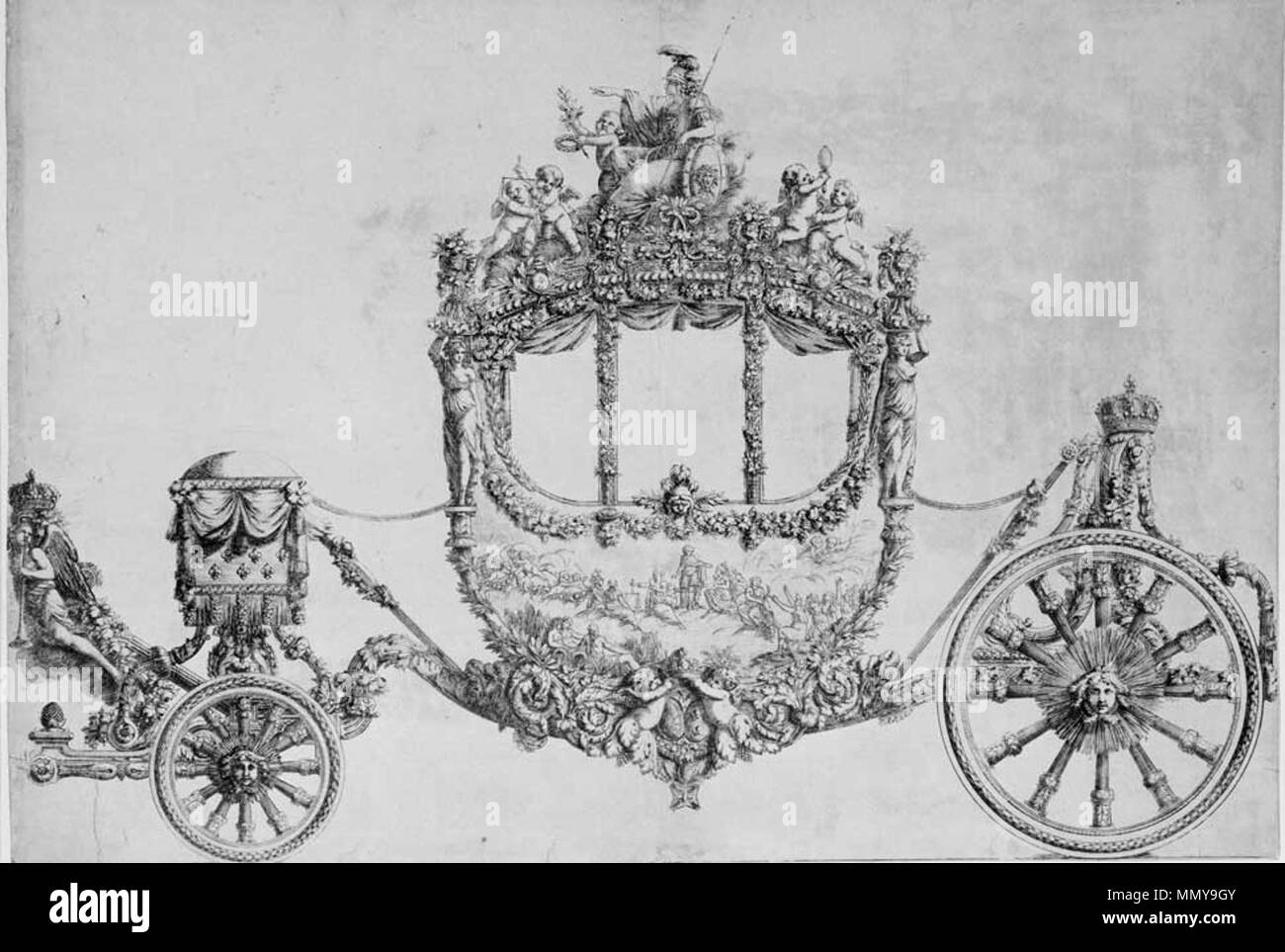 . Français: Tiefdruck du carrosse exécuté pour le Sacre de Louis XVI à Reims le 2 juin 1775. La Skulptur et les Dekore peints par Aubert, les Bronzen, assisté par Jean-Louis Prieur de Pierre-Philippe Thomire. Estampe conservée aux Musée des Châteaux de Versailles et Trianon. Vom 3. Dezember 2013, 13:13:58. Château de Versailles Tiefdruck du carrosse du Sacre de Louis XVI, le 2 juin 1775 Stockfoto