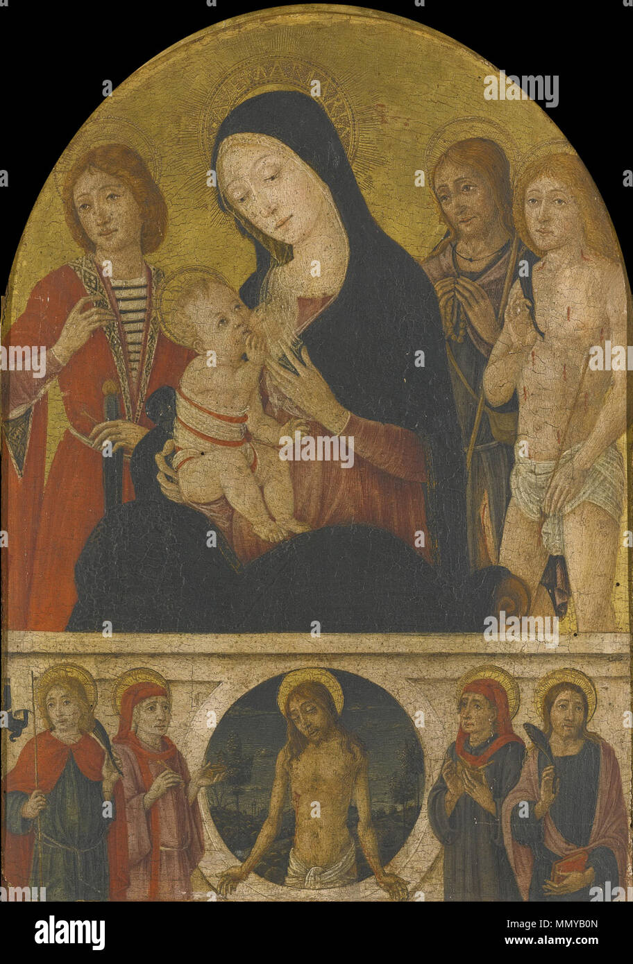 . Die Madonna mit Kind und Heiligen Julian den hospitalischen, Rochus und Sebastian, unter den Toten Christus in einer Landschaft, die von Heiligen Kosmas, Damian und zwei anderen männlichen Heiligen flankiert. Tempera auf Holz, Gold, gewölbter Deckel, 44 x 31 cm von 1516. Guidoccio Cozzarelli (1450 - 1517) Alternative Namen Guidoccio Cozzarelli, di Giovanni Di Giovanni Guidoccio Cozzarelli; Guidoccio Cozzarelli, De Giovanni di Giovanni di Marco Guidoccio Cozzarelli; Cozzarelli Beschreibung italienische Manuskript illuminator Datum der Geburt / Tod 1450 zwischen 1516 und 1517 Ort der Geburt / Todes Siena Siena Arbeit paro Stockfoto