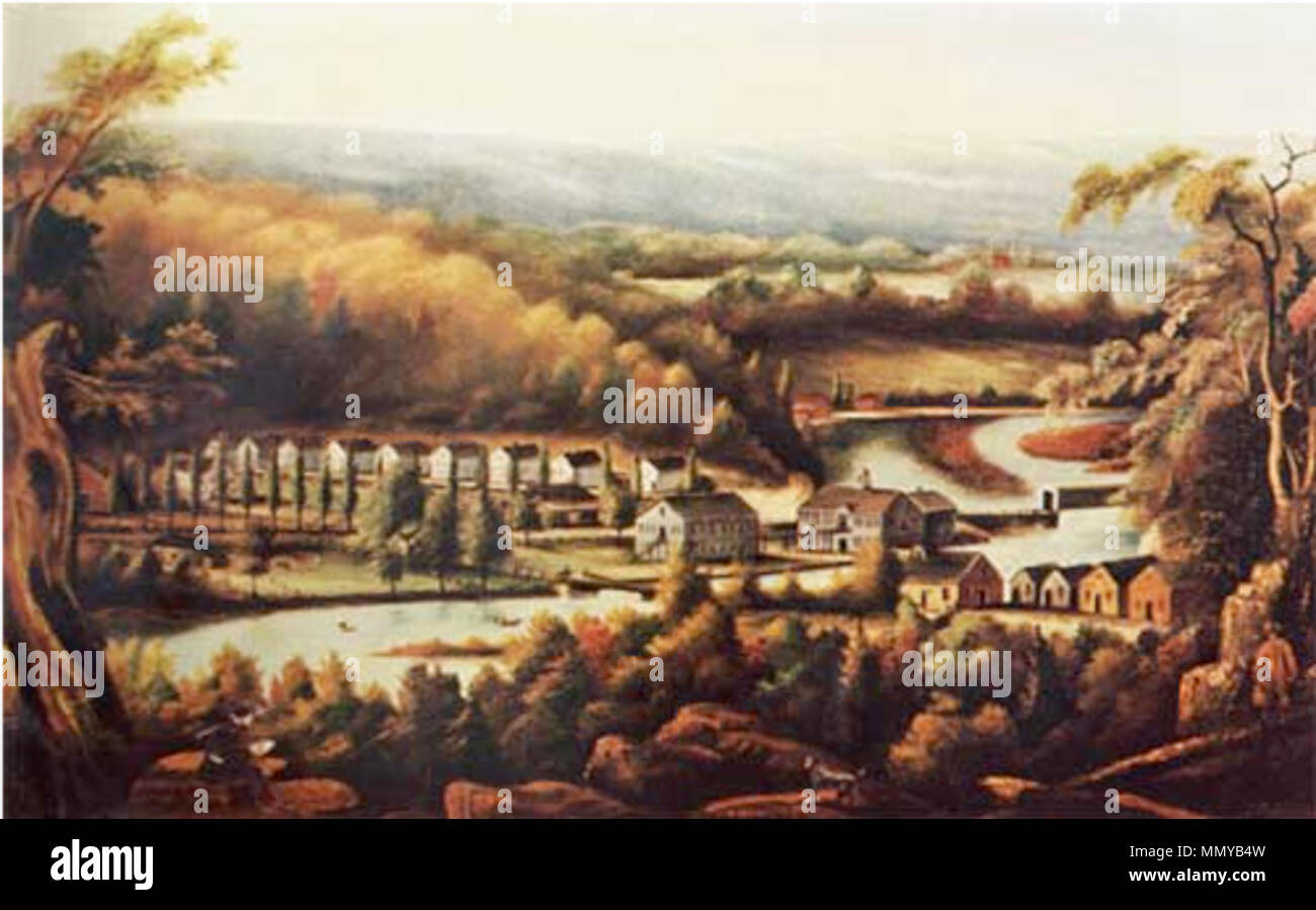 . Deutsch: "Whitneyville' (Connecticut) lackiert über 1827, jetzt in der Yale Museum zeigt Eli Whitney's Gun factory über 2 Jahre nach dem Tod von Whitney. Die Lage ist jetzt Hamden, Connecticut Gun Factory auf Leinwand aufgerufen Stockfoto