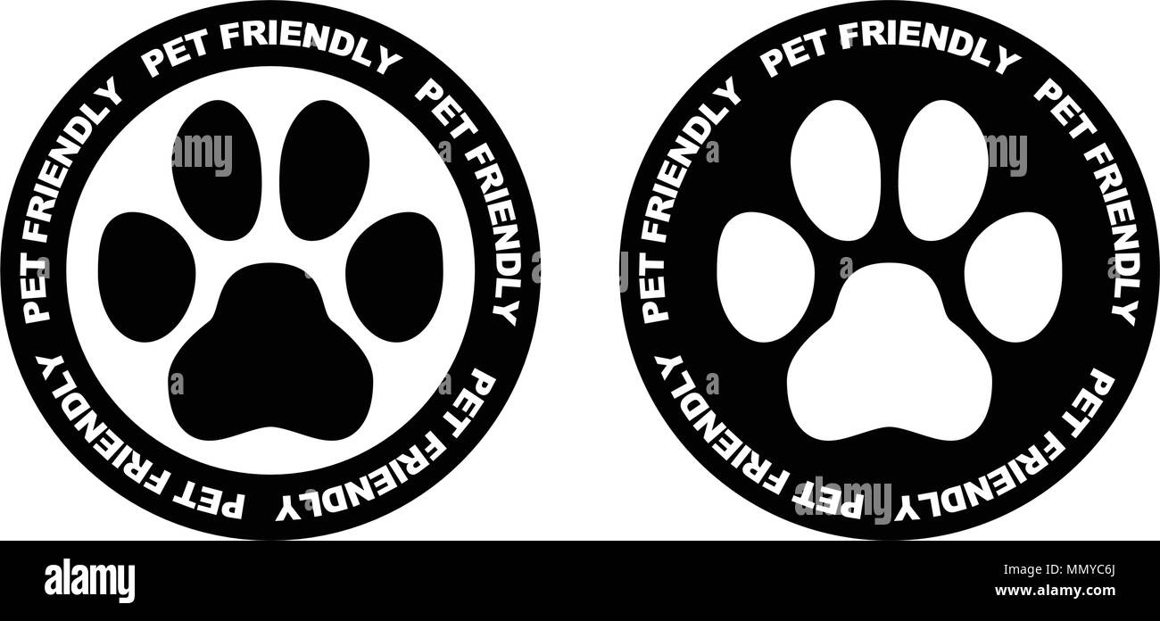 Haustiere erlaubt. Schwarze und weiße Pfote Symbol im Kreis mit pet friendly Text geschrieben. Stock Vektor