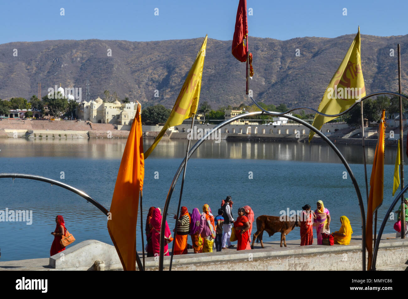 Pushkar, Rajasthan, Indien - Januar 16, 2018: eine Gruppe von Frauen, die Gläubigen an der heiligen Pushkar Sarovar in Pushkar, Rajasthan, Indien zu beten. Stockfoto
