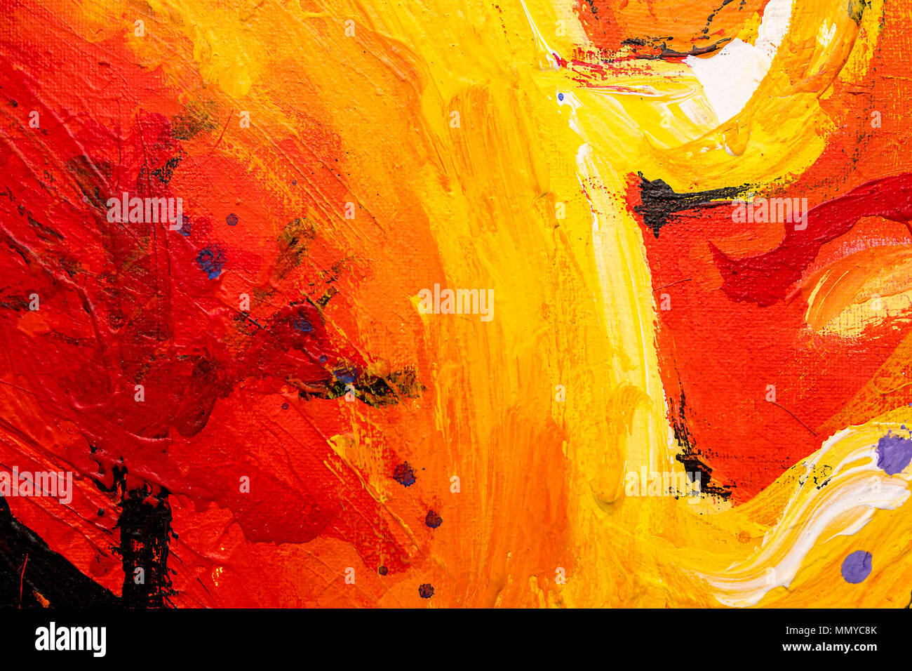 Eine lebendige, farbenfrohe und Öl und Acryl abstrakte Malerei auf Leinwand  gemalt mit wild und frei Pinselstriche in Rot, Orange und Gelb  Stockfotografie - Alamy