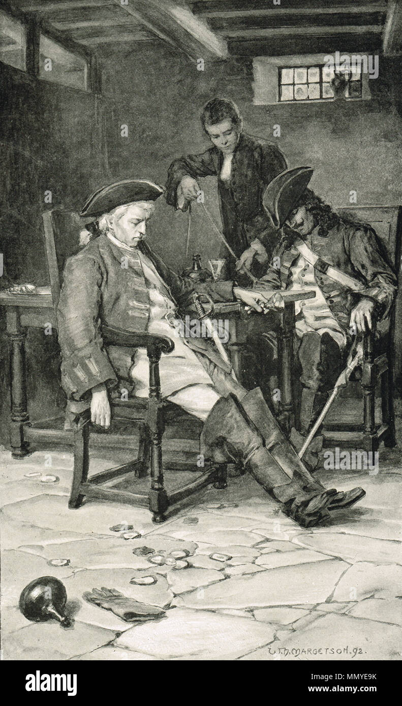 Betrunkene Englische Armee Pfadfinder, gefangen in einer Taverne, vor der Schlacht von Prestonpans, 1745, von einem jungen Sekretärin erfasst Stockfoto