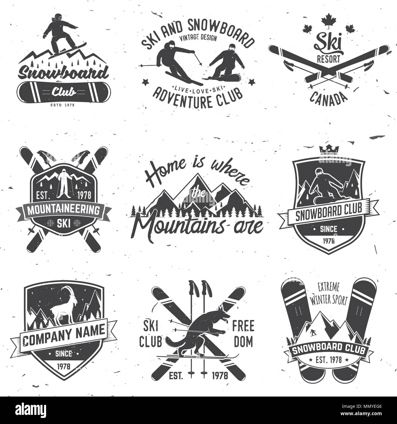 Ski- und Snowboard Club Emblem. Vector Illustration. Konzept für T-Shirt, Druck, Stempel, Abzeichen oder T-Stück. Vintage Typografie Design mit Snowboarder und skie Stock Vektor