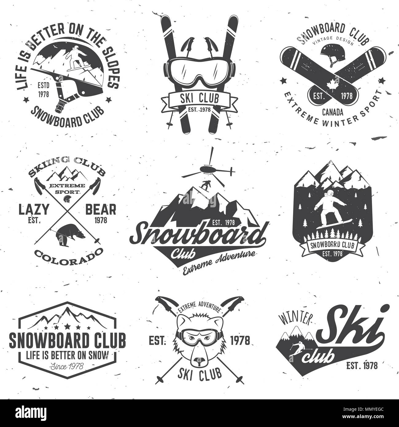 Ski- und Snowboard Club Emblem. Vector Illustration. Konzept für T-Shirt, Druck, Stempel, Abzeichen oder T-Stück. Vintage Typografie Design mit Snowboarder und skie Stock Vektor