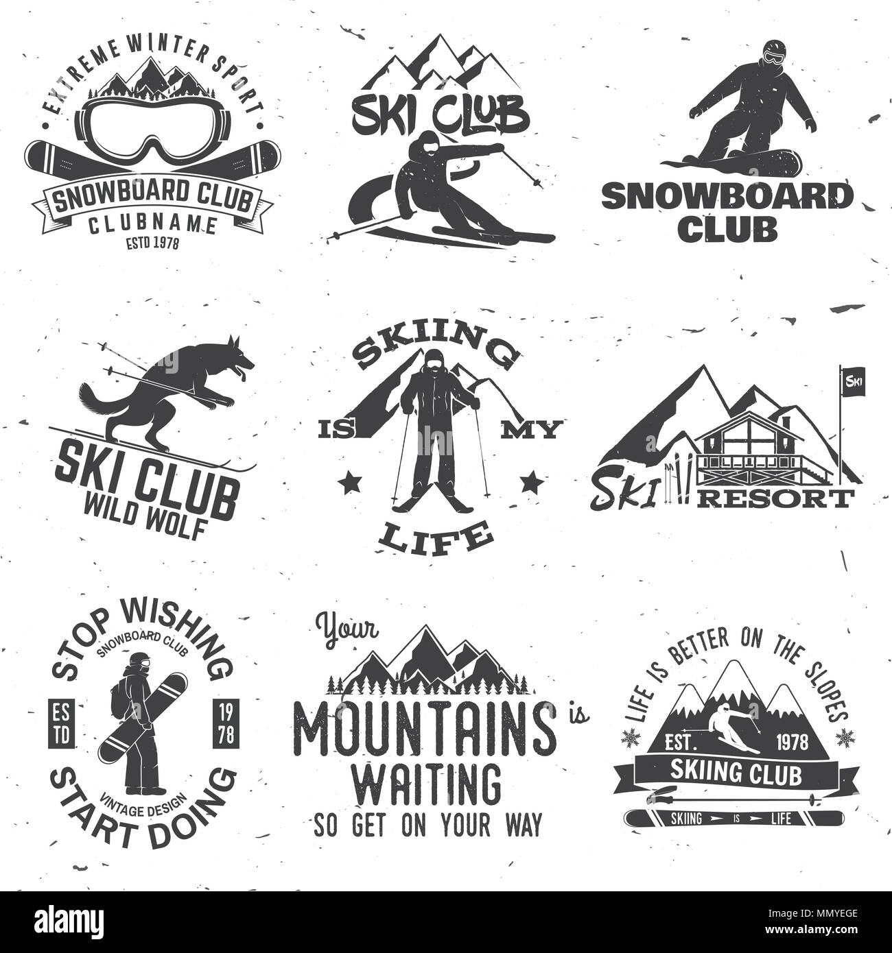 Ski- und Snowboard Club Emblem. Vector Illustration. Konzept für T-Shirt, Druck, Stempel, Abzeichen oder T-Stück. Vintage Typografie Design mit Snowboarder und skie Stock Vektor