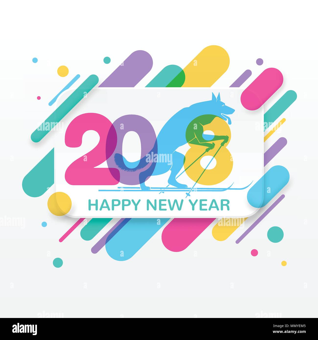 2018 Frohes Neues Jahr Grußkarte mit abstrakten farbigen abgerundeten Formen Linien in der Diagonale Rhythmus. Für Grußkarte, Plakat, Broschüre oder Flyer Vorlage Stock Vektor