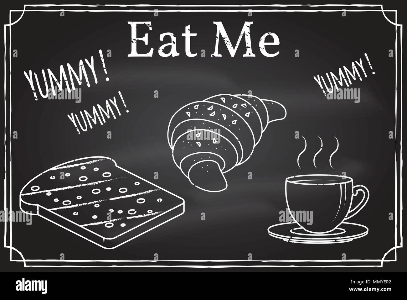 Tasse Kaffee, Toast, Croissant Symbol. Mir Essen. Elemente auf das Thema der Restaurant Business. Kreidezeichnung auf einer Tafel. Thin Line icon-Vektor Stock Vektor