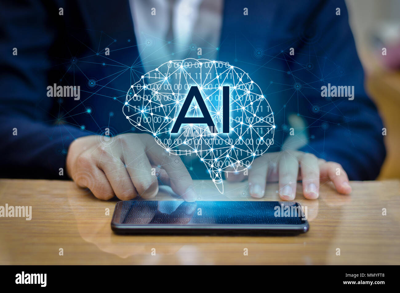 AI Hand Geschäft Leute drücken Sie die Taste Telefon. Gehirn Grafik Binär Blue Technologie Stockfoto