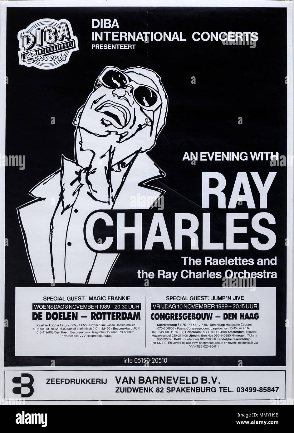 Ray Charles in Tour, Rotterdam und Den Haag mit der Raelettes 1989, Musical Konzert Poster Stockfoto