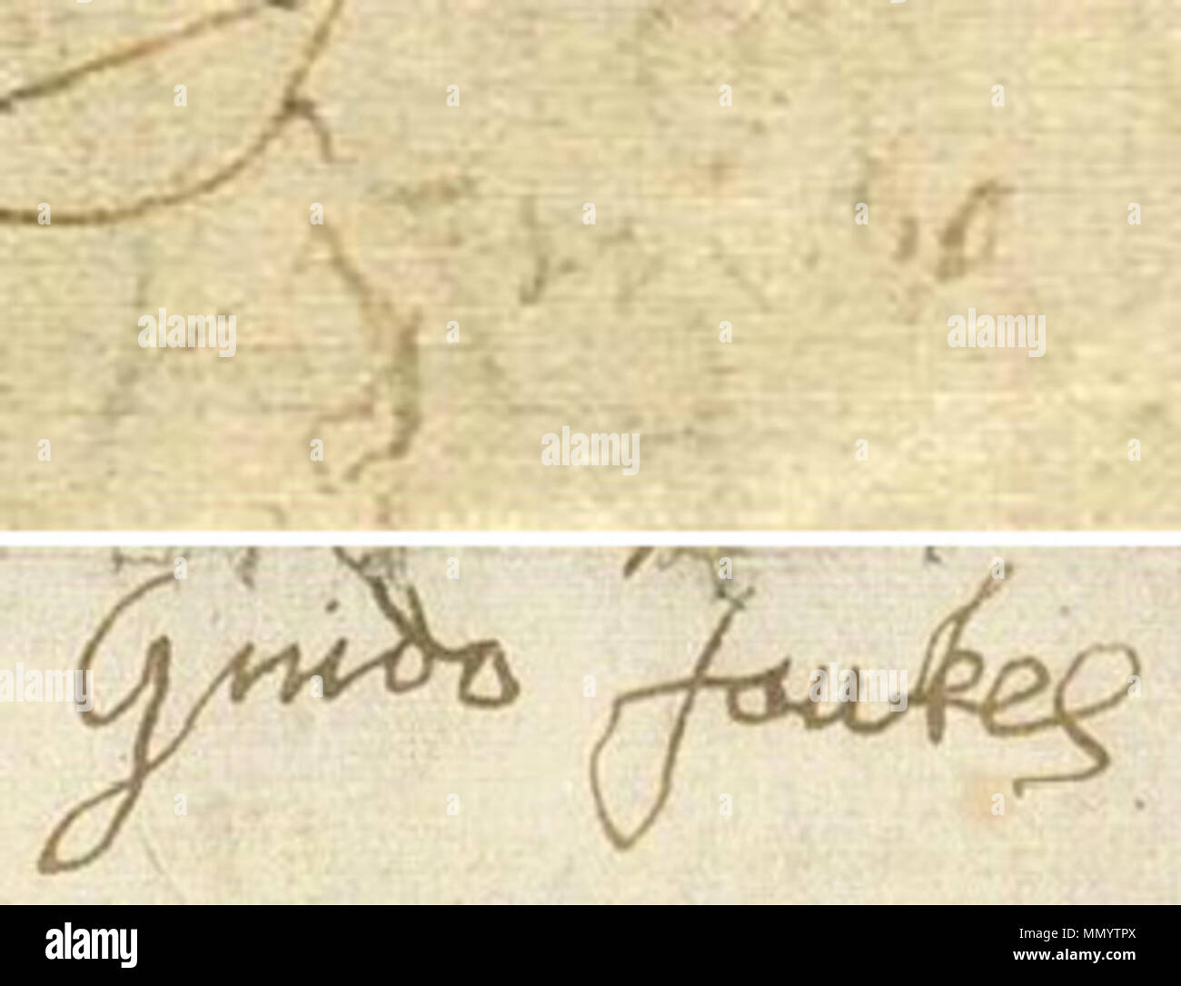 . Top: Signatur von "Guido" auf sein Geständnis unter Folter, sehr schwach und zittrig. Unten: Signatur von "Guido Fawkes' auf ein weiteres Geständnis 8 Tage nach gefoltert. . Ca. 1605. Guy Fawkes Guy Fawkes Folter Signaturen Stockfoto