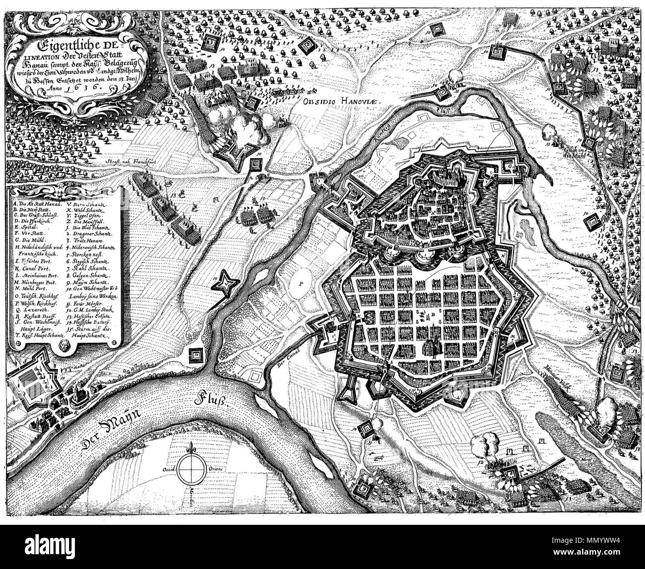 . English: Eigentliche Abgrenzung der Vesten statt Hanau sampt Der kays. Belagerung wie sie von d. Kron Schweden und Landgr. Wilhelm zu Hessen entsetzt worden den 13. Juni Anno 1636; Belagerung der Stadt Hanau durch kaiserlichen Truppen unter Lamboy im Dreißigjährigen Krieg. Hessisch - schwedischer Entsatzangriff 1636 im Theatrum Europaeum. . 1639. Matthäus Merian (1593 - 1650) Alternative Namen Matthäus Merian der Ältere; Matthaeus Merian; Matthias Merian Beschreibung Schweizer Kupferstich Kupferstecher und Verleger Geburtsdatum / Tod am 22. September 1593 vom 19. Juni 1650 Ort der Geburt / Todes Ba Stockfoto