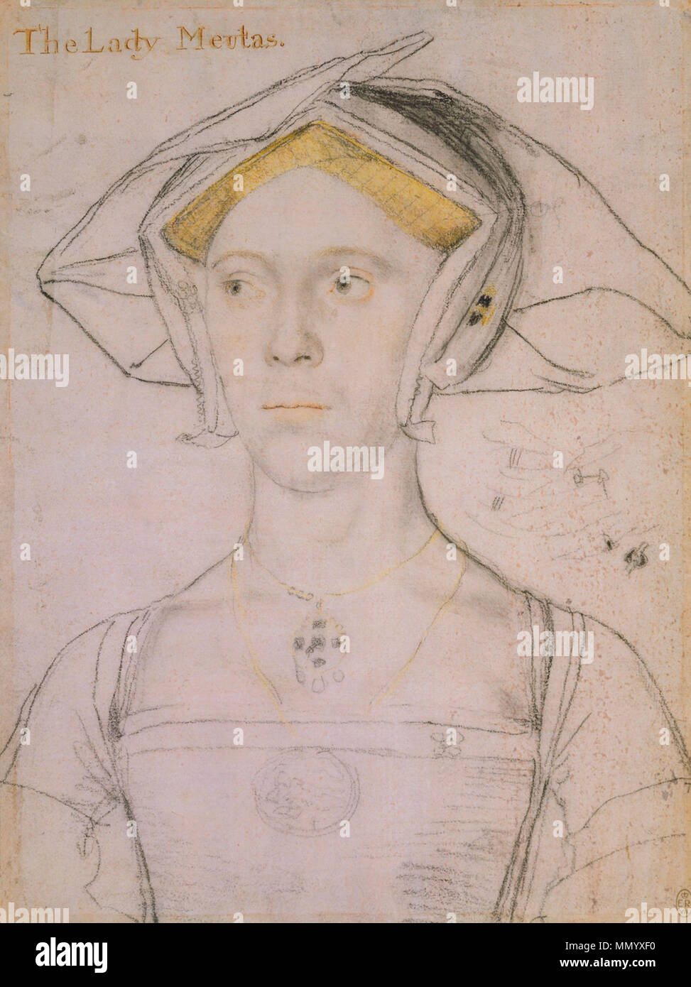 . Englisch: Portrait von Joan, Lady Meutas. Schwarze und farbige Kreiden mit Waschen auf Rosa - grundiert Papier, 28,3 × 21,2 cm, Royal Collection, Windsor Castle. Joan oder Jane Astley (d. 1577) war die Schwester von London mercer John astley. Sie heiratete den höfling Peter Meutas, der, wie Holbein, in Botschaften Heinrichs VIII beteiligt war für potenzielle Bräute zu Scout. Auf der rechten Seite der Zeichnung ist eine Skizze von verriegelt Hände tragen Ringe. Das Design auf ovalen Lady's Meutas Medaillon ist ähnlich wie bei einem von Holbeins Designs für eine Maria Magdalena Medaillon. . Ca. 1536-43. Hans Holbein (1497/1498-1543) ein Stockfoto