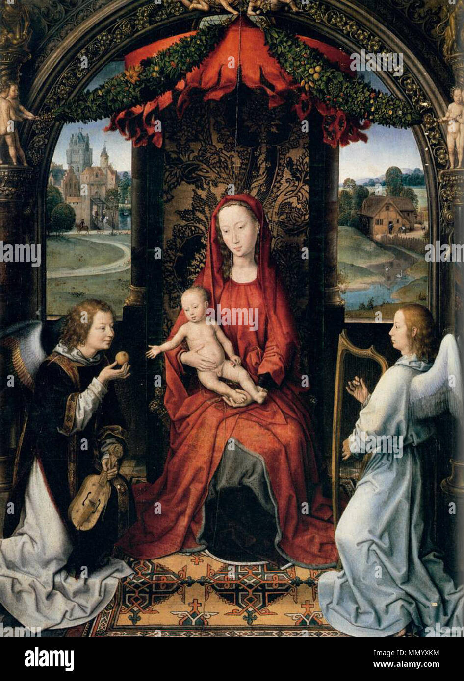 Thronende Madonna mit Kind und zwei Engel. zwischen 1490 und 1491. Hans Memling - Thronende Madonna mit Kind und zwei Engel - WGA 14987 Stockfoto