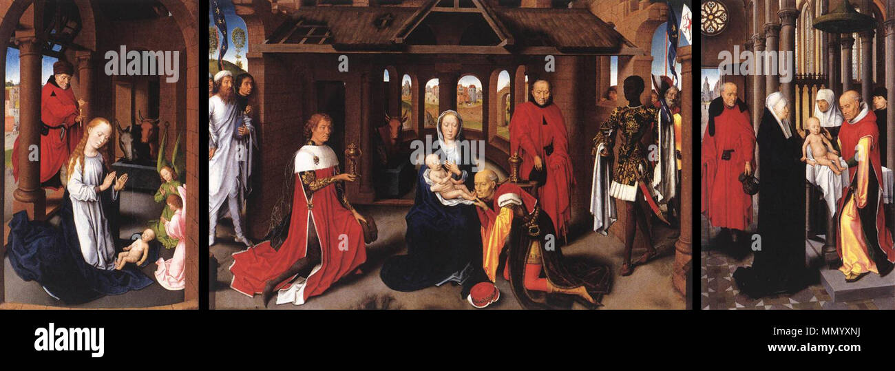 . Deutsch: Diese Arbeit ist von Roger van der Weyden und van Eyck Brüder seit 1465 lebte er in Brügge beeinflusst. Es war innovative Szenen aus der Offenbarung und der Geburt unter derselben Architektur zu malen aus verschiedenen Blickwinkeln. Geburt Christi die Anbetung der Könige Reinigung Triptychon. zwischen ca. 1479 und ca. 1480. Hans Memling - Triptychon - WGA 14814 Stockfoto