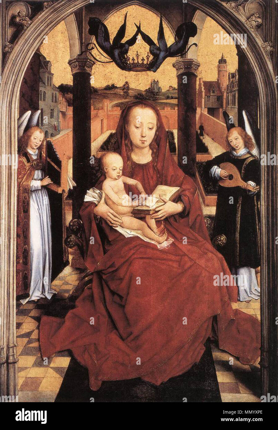 Jungfrau und Kind mit zwei musikalischen Engel thront. zwischen 1465 und 1467. Hans Memling - Jungfrau mit Kind auf dem Thron mit zwei musikalischen Engel - WGA 14808 Stockfoto
