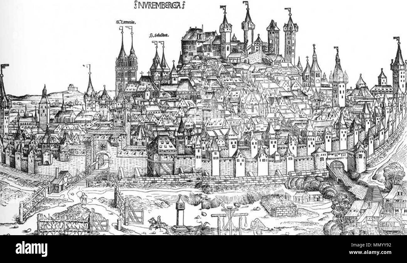 Englisch: Nürnberg Chronik, Seite 100: Blick auf die Stadt Nürnberg. 1493. Hartmann Schedel - Nürnberg Chronik, Seite 100 - Blick auf die Stadt Nürnberg - WGA20965 Stockfoto