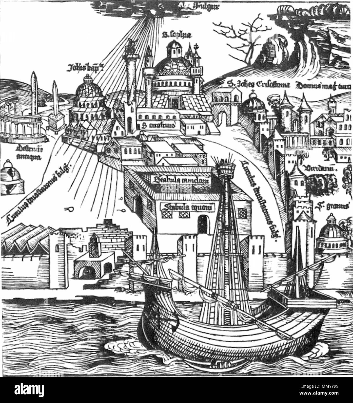 . Englisch: Holzschnitt von Hartmann Schedel, Nürnberg Chroniken, 1493 veröffentlicht, depciting die Zerstörung durch Blitzschlag von güngörmez Kilisesi in 1489-1490, mit seitlichem Blick auf den Topkapi Palast neben dem Hippodrom und Hagia Sophia. Hartmann Schedel 001 Stockfoto