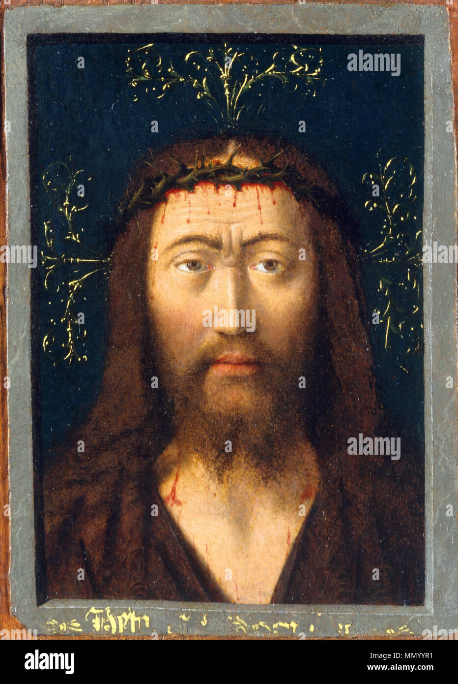 . Englisch: Haupt Christi Gemälde von Petrus Christus. Öl auf Pergament, festgelegt auf Holz. Abmessungen: Insgesamt 5 7/8 x 4 1/4 in. (14,9 x 10,8 cm); Pergament 5 3/4 x 4 1/8 in. (14,6 x 10,5 cm) Klassifizierung Haupt Christi. 1445. HeadChrist Stockfoto