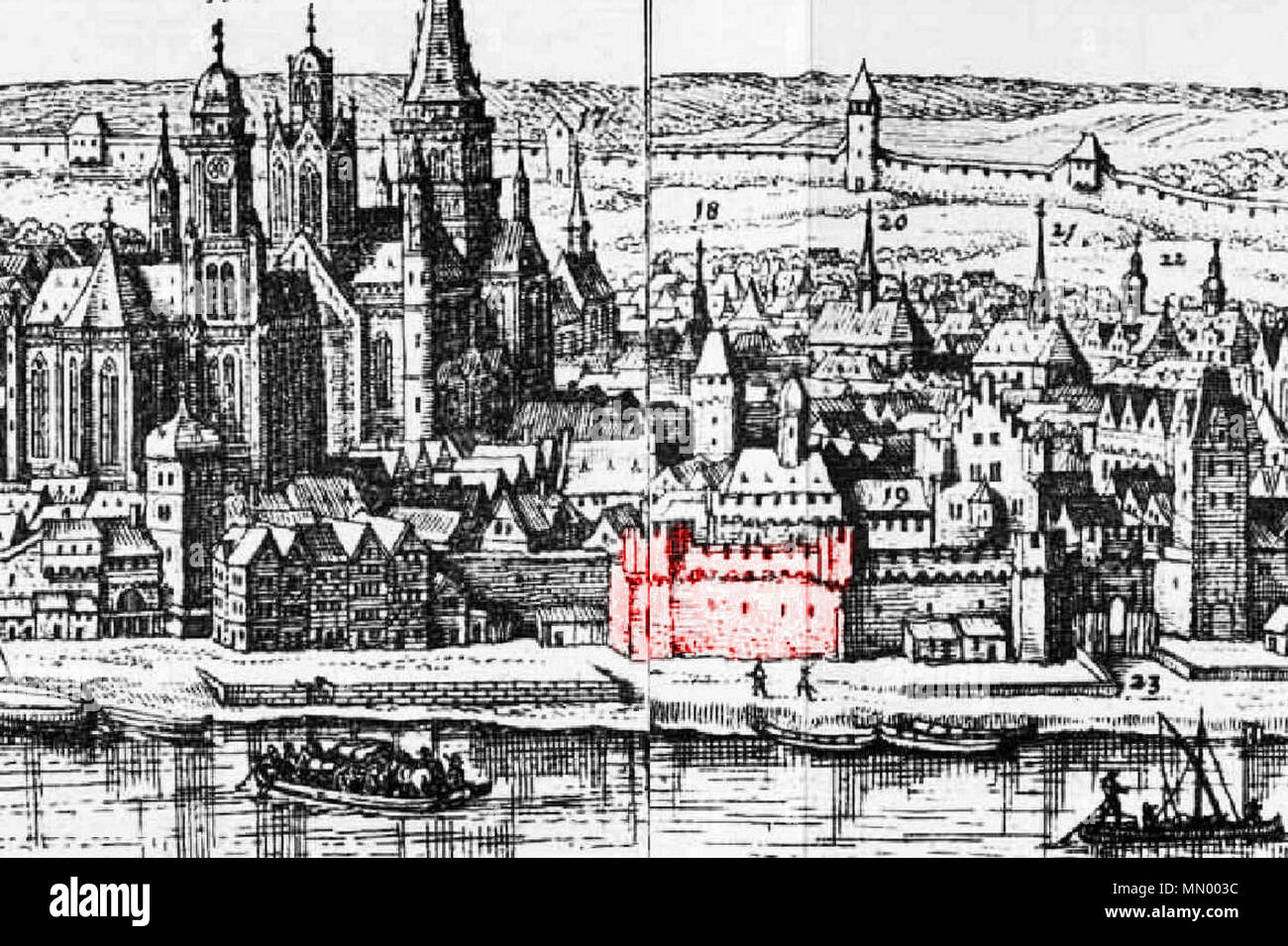 . English: links der Mainzer Dom, in der Bildmitte (rot markiert) das Heilig-Geist-Spital um 1633 (Detail einer Stadtansicht aus der Topographia Archiepiscopatuum Moguntinensis, Trevirensis et Coloniensis von Matthäus Merian dem Jüngeren). . 1655. Heilig-Geist-Spital in Mainz 1633 Stockfoto