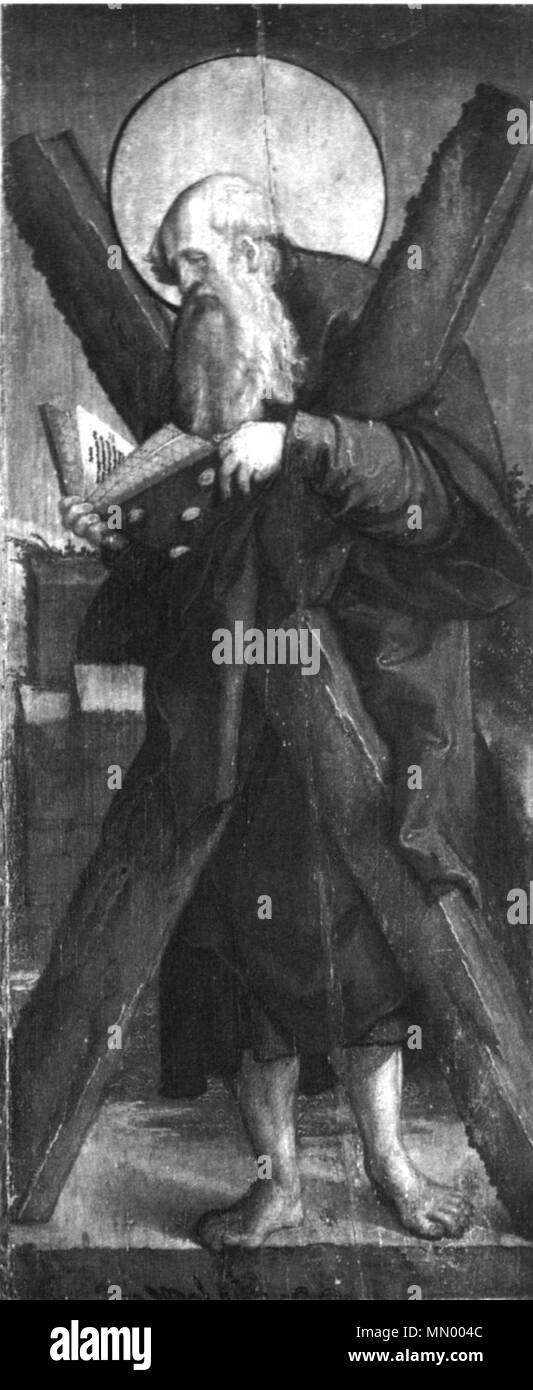 . Ausstattung der ehemaligen Seitenaltäre der Meßkircher St. Martinskirche, Standflügel: "Heiliger Andreas als Apostel mit Andreaskreuz". ca. 1535/40. Heiliger Andreas Stockfoto