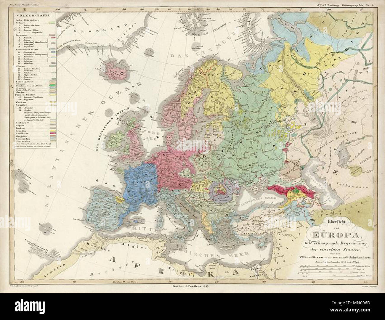 . Deutsch: "Uberlicht von Europa mit Ethnograph...' (ethnographische Karte von Europa) in "Dr. Heinrich Berghaus Physikalischer Atlas, Gotha, 1855 (Karte datiert 1855 veröffentlicht.) Fine steel Karte mit original Hand Farbe eingraviert, codiert auf die Taste oben links. Leichte alter Browning um Kanten, Falten und geschlossene reißen nur oben rechts, sonst Guter Zustand mit Platte Mark und gute Margen zu neatline. Center-Fach als veröffentlicht. Größe 42 x 31,5 cm. Ref E 3789. 1855. Heinrich Berghaus (1797-1884) Alternative Namen Berghaus, Heinrich Karl Wilhelm Beschreibung deutsche Geograph und Kartograph Dat Stockfoto