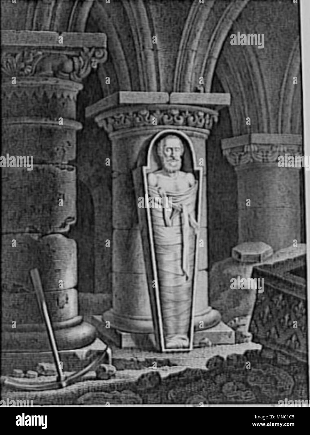 . Englisch: Der Sarg von Henri IV in Saint-Denis. 1793 Nederlands geöffnet: Lichaam van Hendrik IV van Frankrijk en Navarra. 1793. Onbekende 18e eeuwse tekenaar Henri IV 1793 Stockfoto